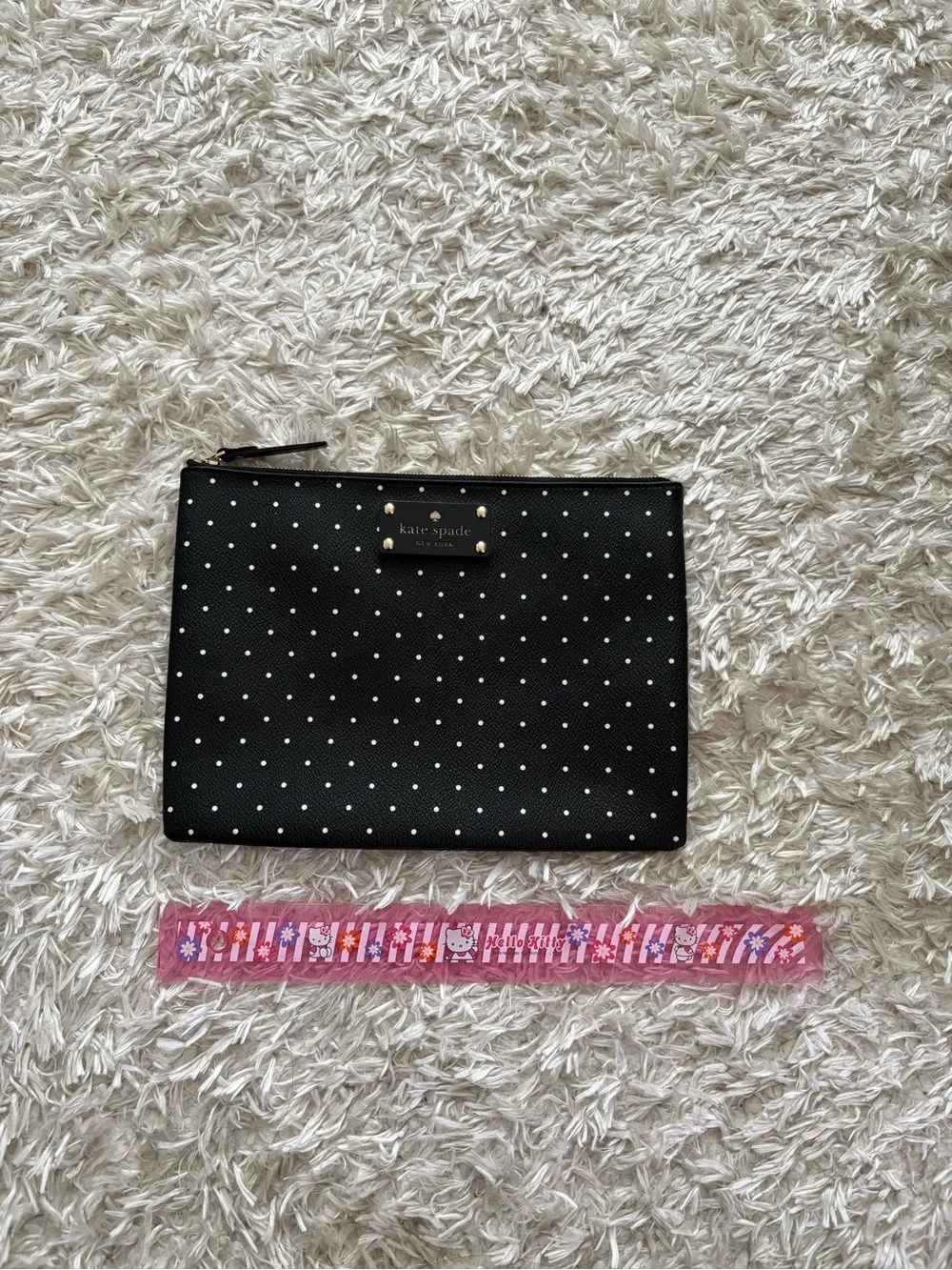 kate spade Black White Polka Dot Zip Pouch with Gold Logo